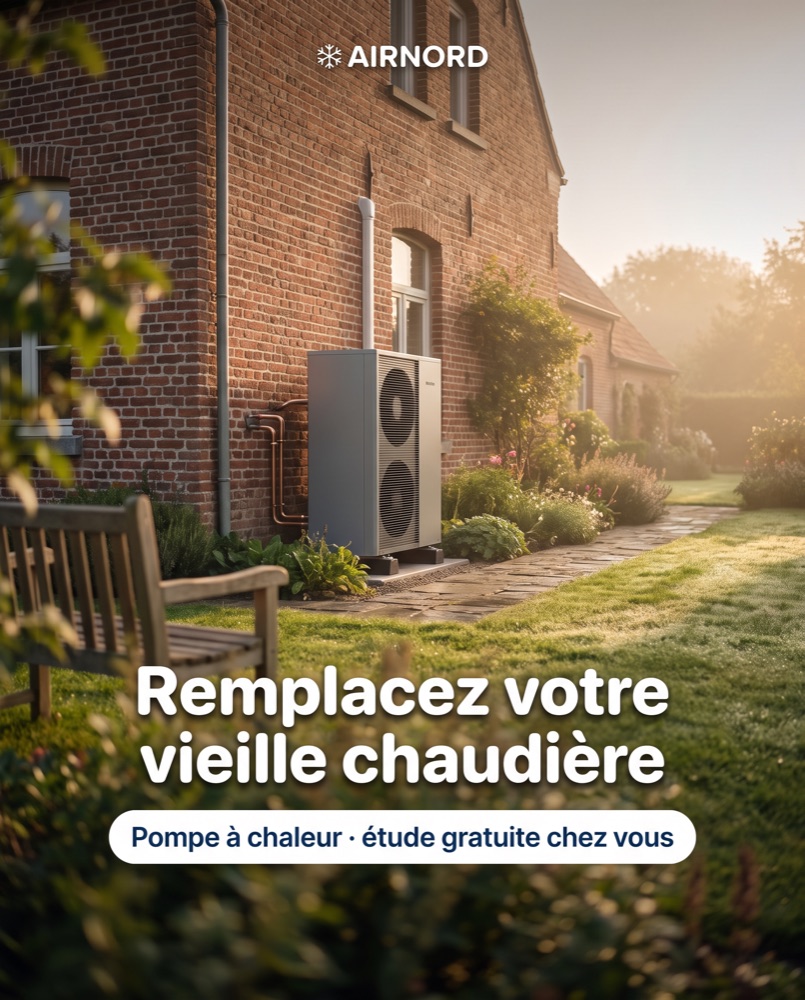 Publicité pompe à chaleur dans le feed Facebook : PAC air-eau devant une maison en brique