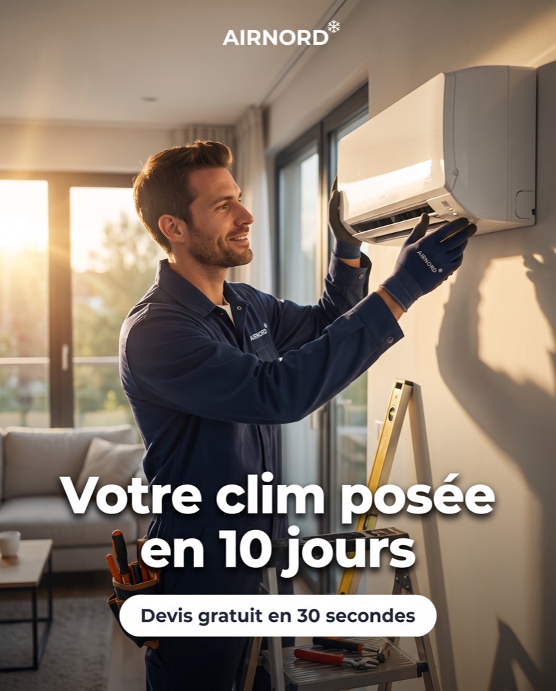 Publicité clim dans le feed Facebook : technicien posant un split mural