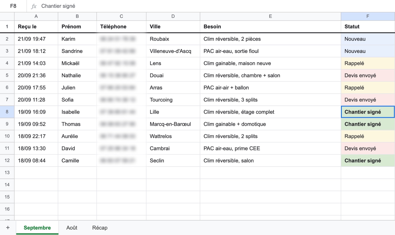 Google Sheet de demandes clim et PAC : une ligne par demande, en direct